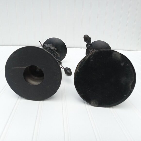 Metal Bronze Acorn Grape Leaf Candlestick Pair Pillar Candle Holder Thanksgiving - Picture 7 of 16